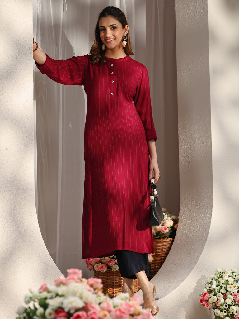 Libas Red Striped Woven Design Rayon Straight Kurta
