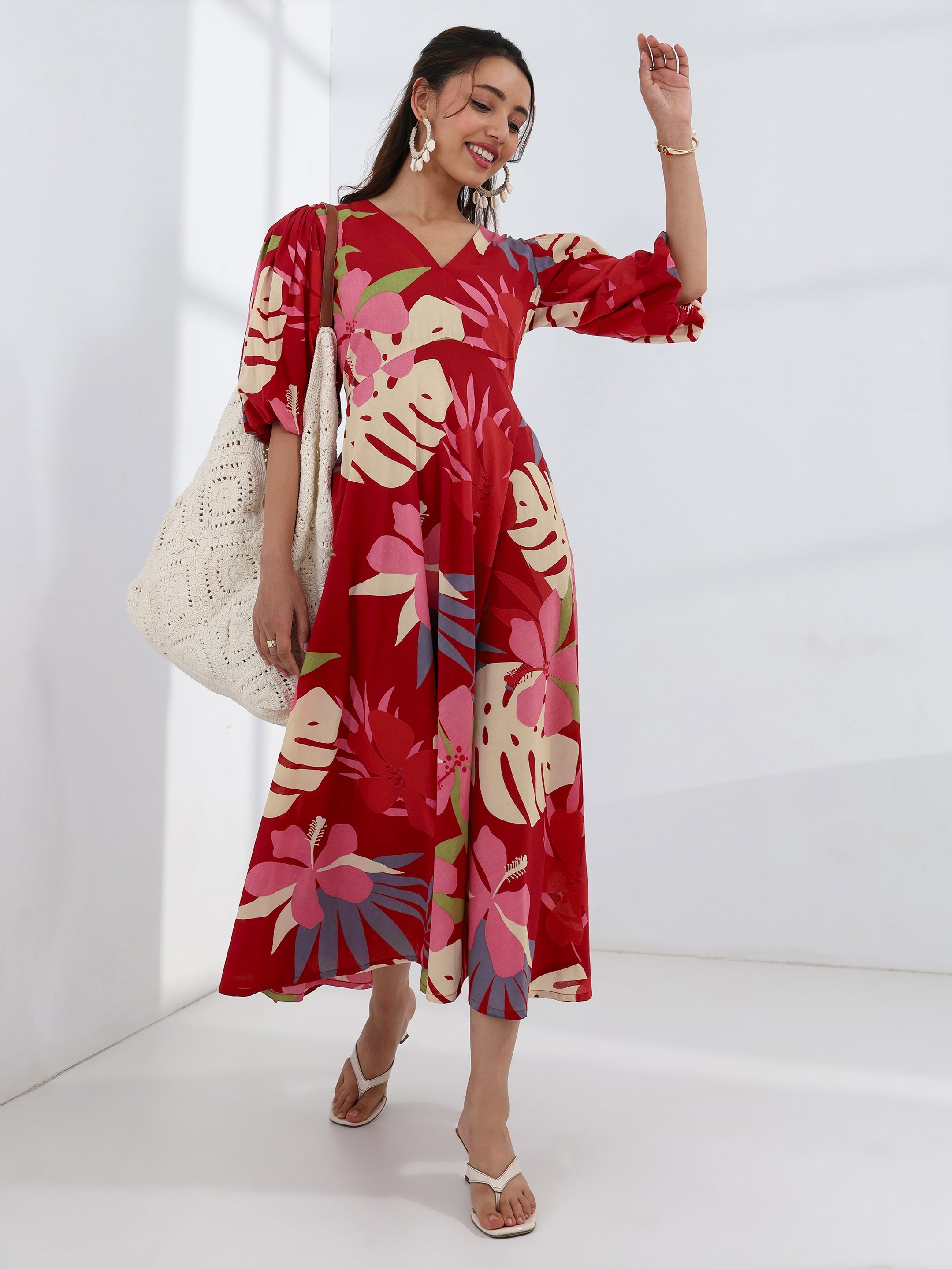 libas Red Tropical Printed Cotton A-Line One Piece Dress-picture-36