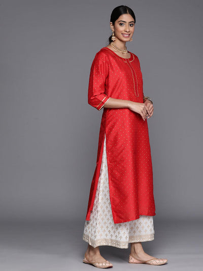 Red Woven Design Art Silk Straight Kurta - Libas