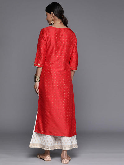 Red Woven Design Art Silk Straight Kurta - Libas
