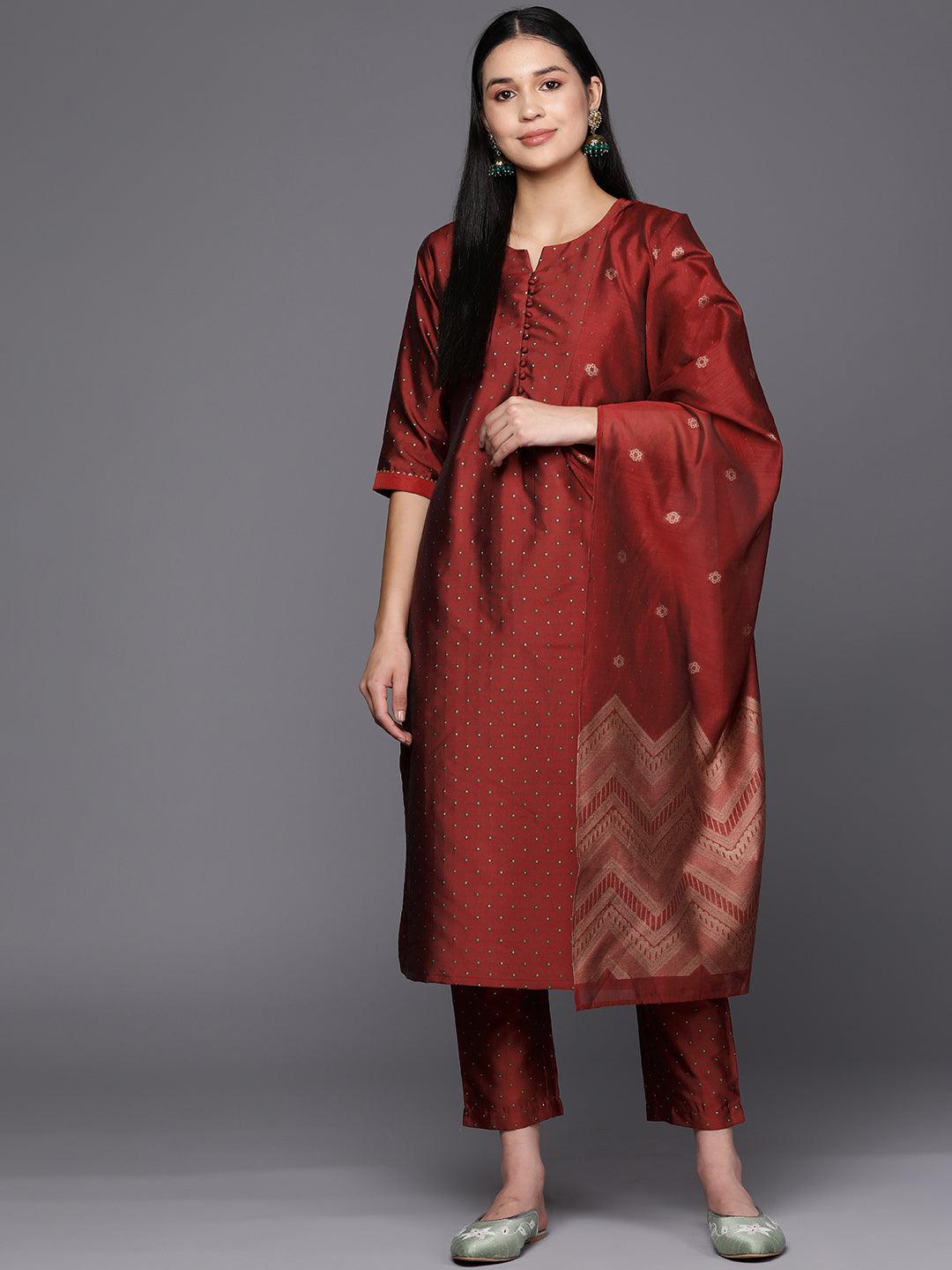 Red Woven Design Art Silk Straight Suit Set With Trousers - Libas