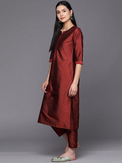 Red Woven Design Art Silk Straight Suit Set With Trousers - Libas