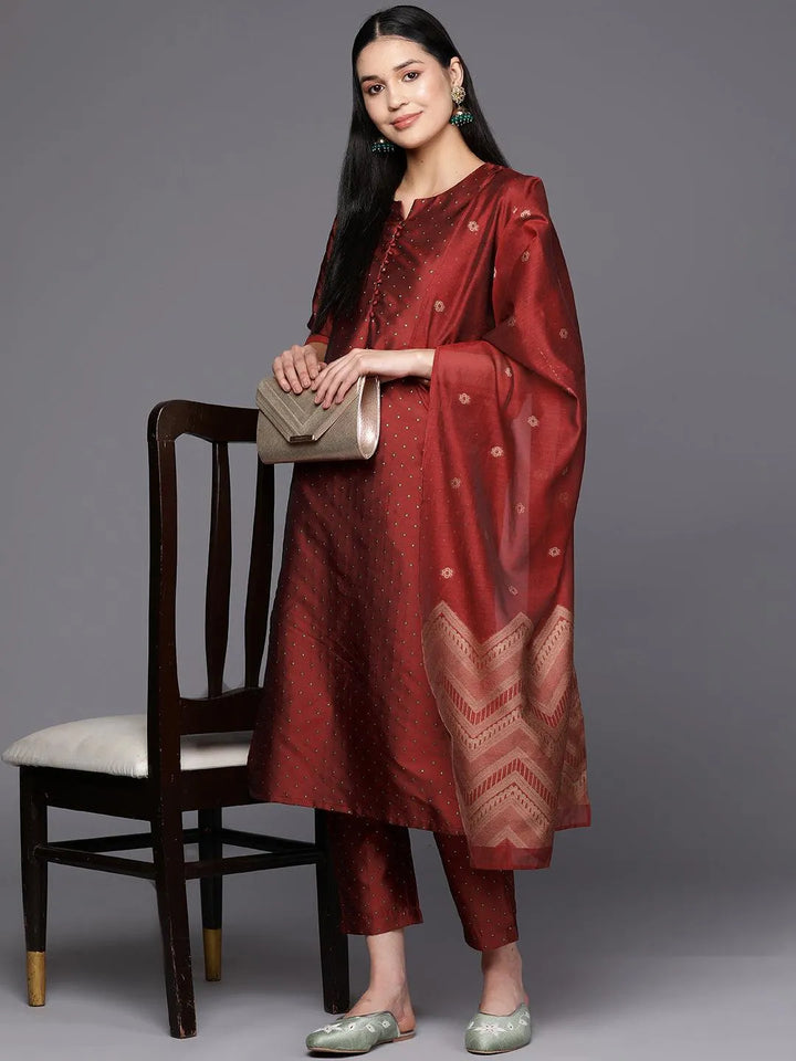 Red Woven Design Art Silk Straight Suit Set With Trousers - Libas