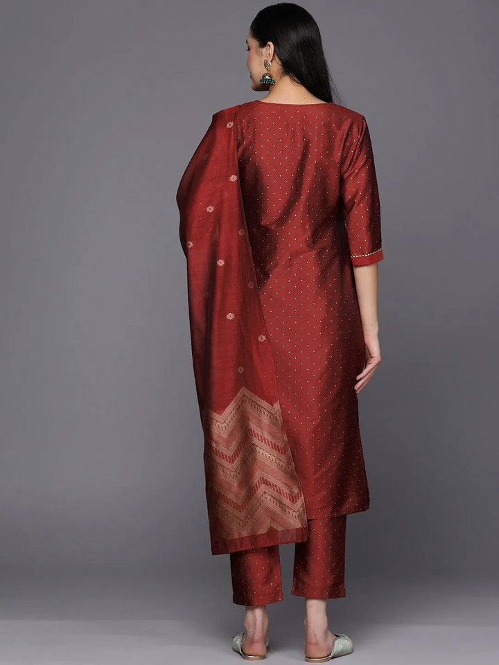 Red Woven Design Art Silk Straight Suit Set With Trousers - Libas