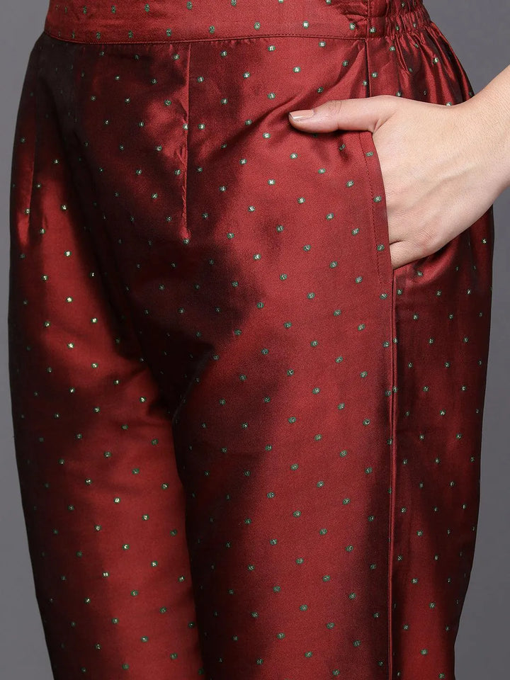 Red Woven Design Art Silk Straight Suit Set With Trousers - Libas