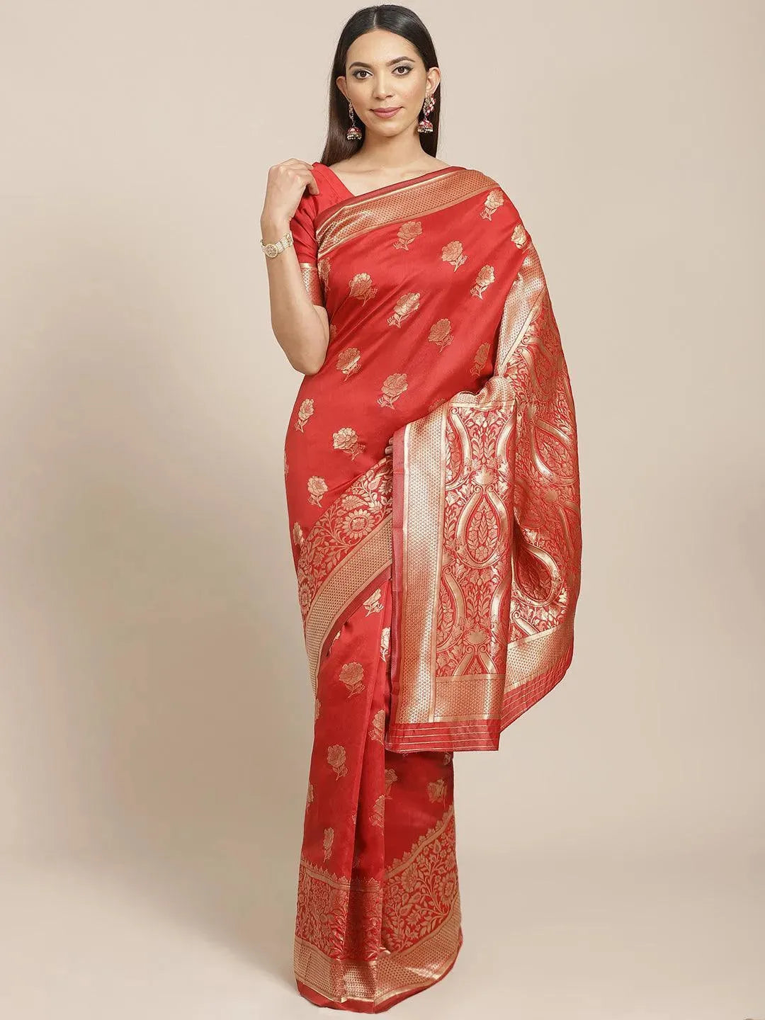 Red Woven Design Brocade Saree - Libas