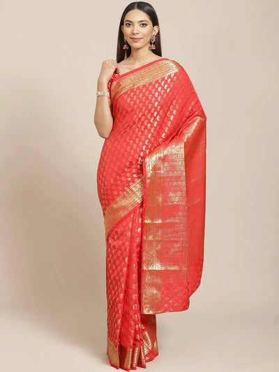 Red Woven Design Brocade Saree - Libas