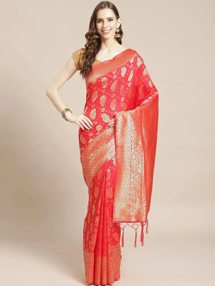 Red Woven Design Brocade Saree - Libas