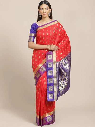 Red Woven Design Brocade Saree - Libas