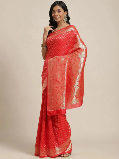 Red Woven Design Brocade Saree - Libas