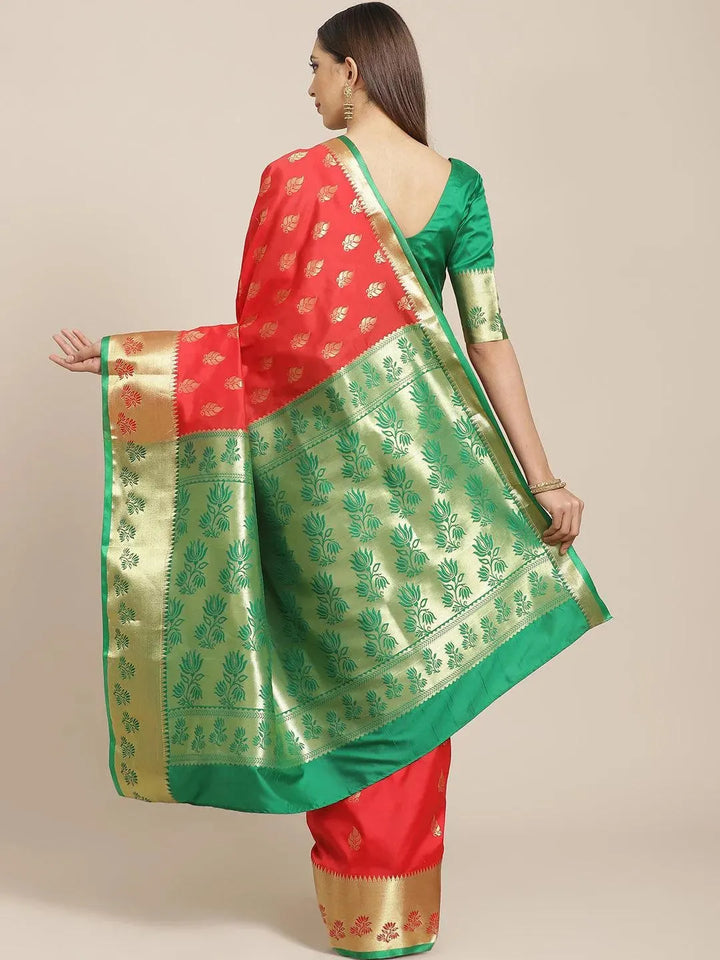 Red Woven Design Brocade Saree - Libas