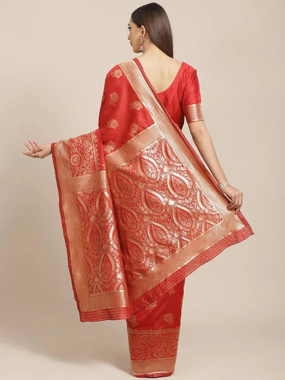 Red Woven Design Brocade Saree - Libas