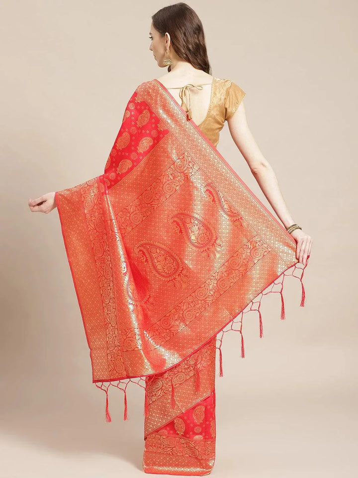 Red Woven Design Brocade Saree - Libas