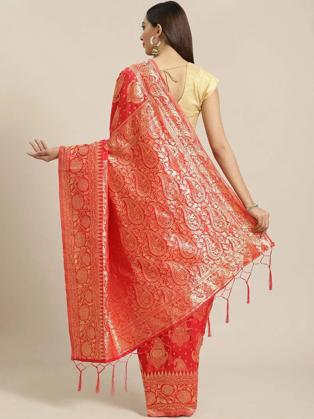 Red Woven Design Brocade Saree - Libas