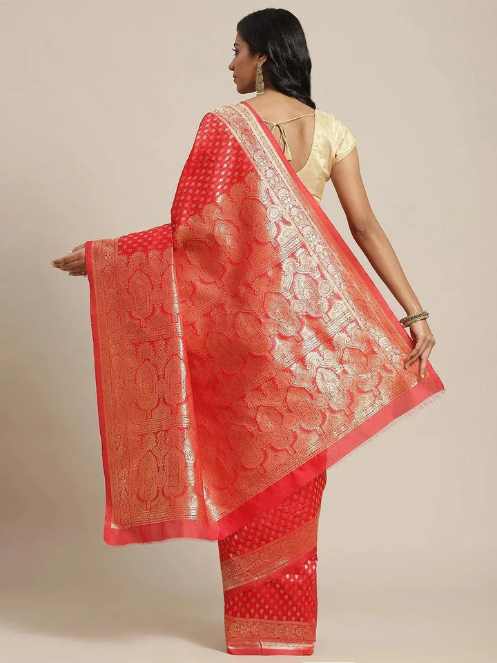 Red Woven Design Brocade Saree - Libas