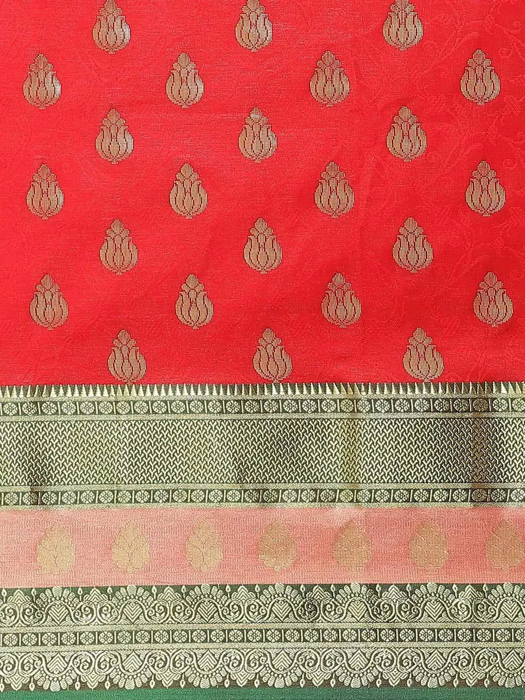 Red Woven Design Brocade Saree - Libas 