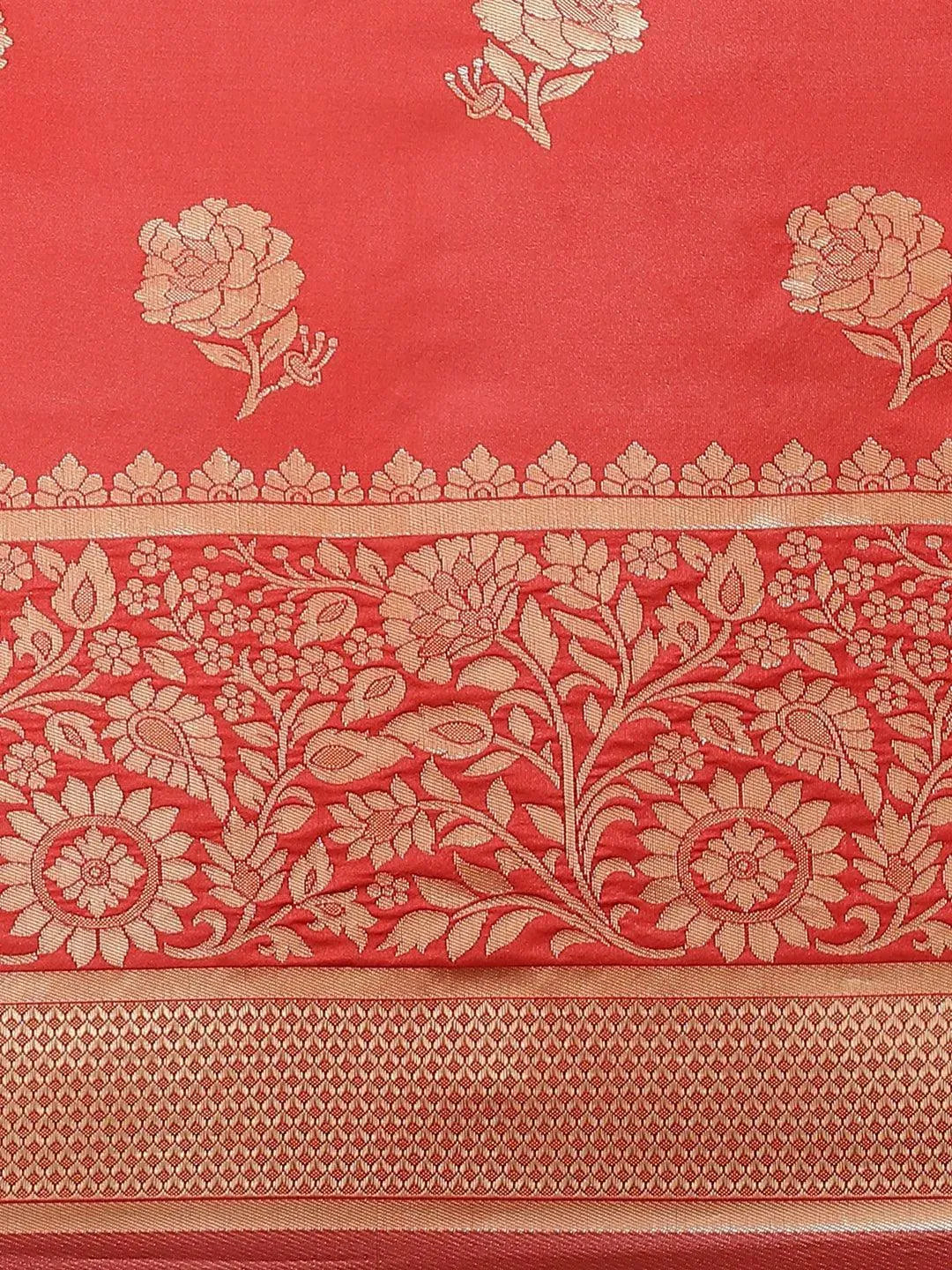 Red Woven Design Brocade Saree - Libas