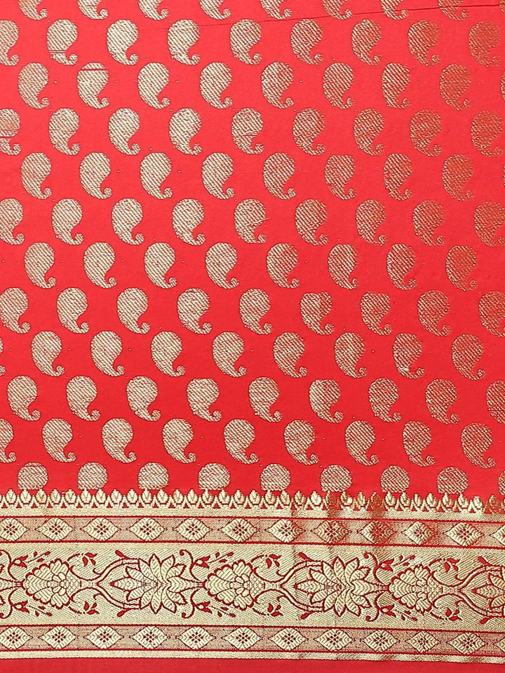 Red Woven Design Brocade Saree - Libas