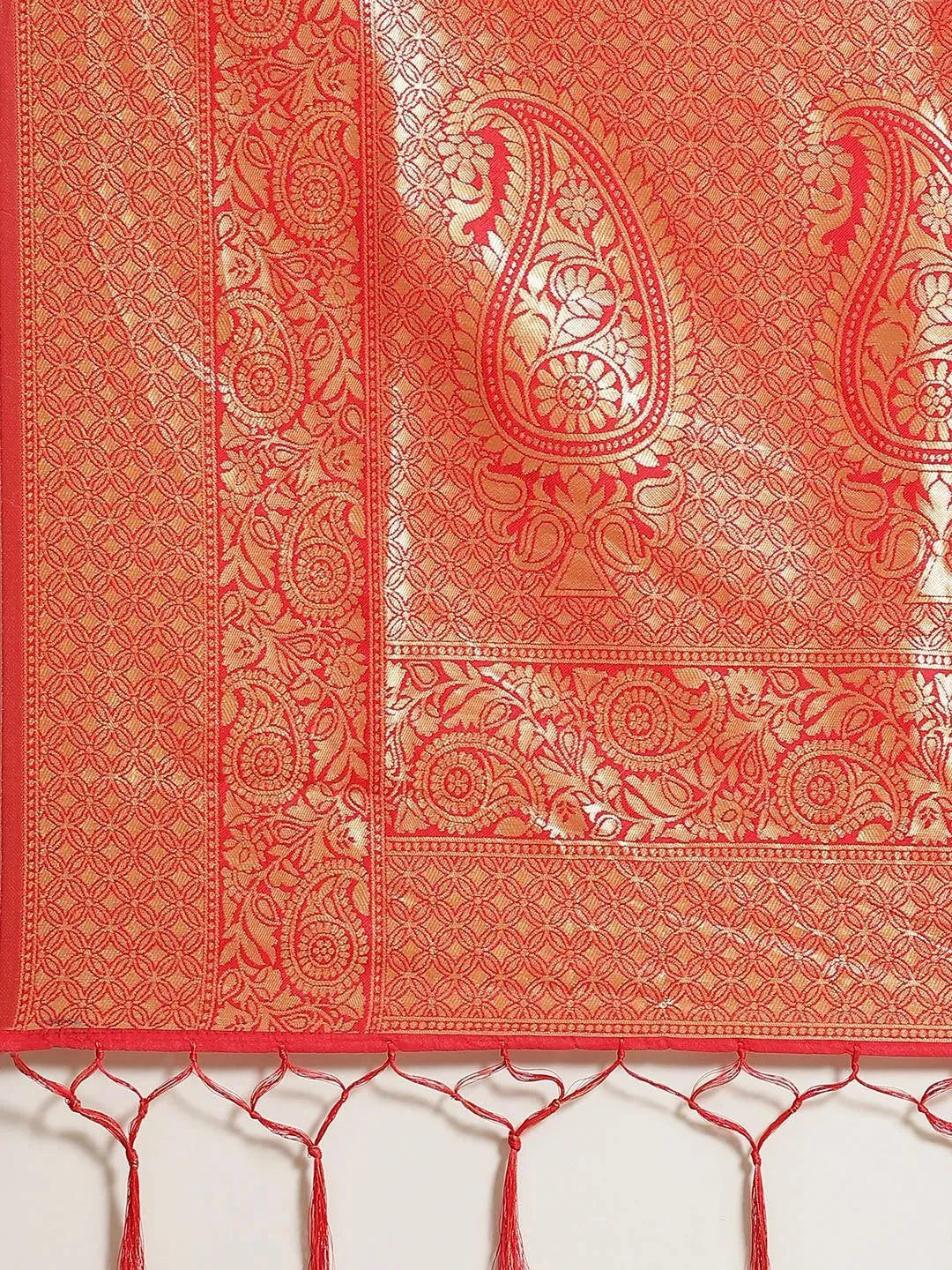 Red Woven Design Brocade Saree - Libas 