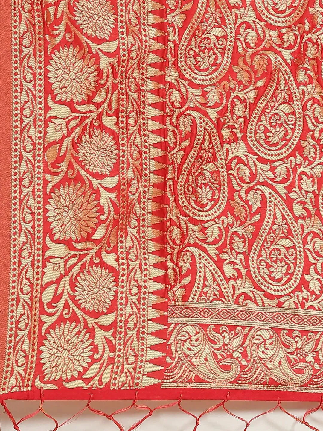 Red Woven Design Brocade Saree - Libas 