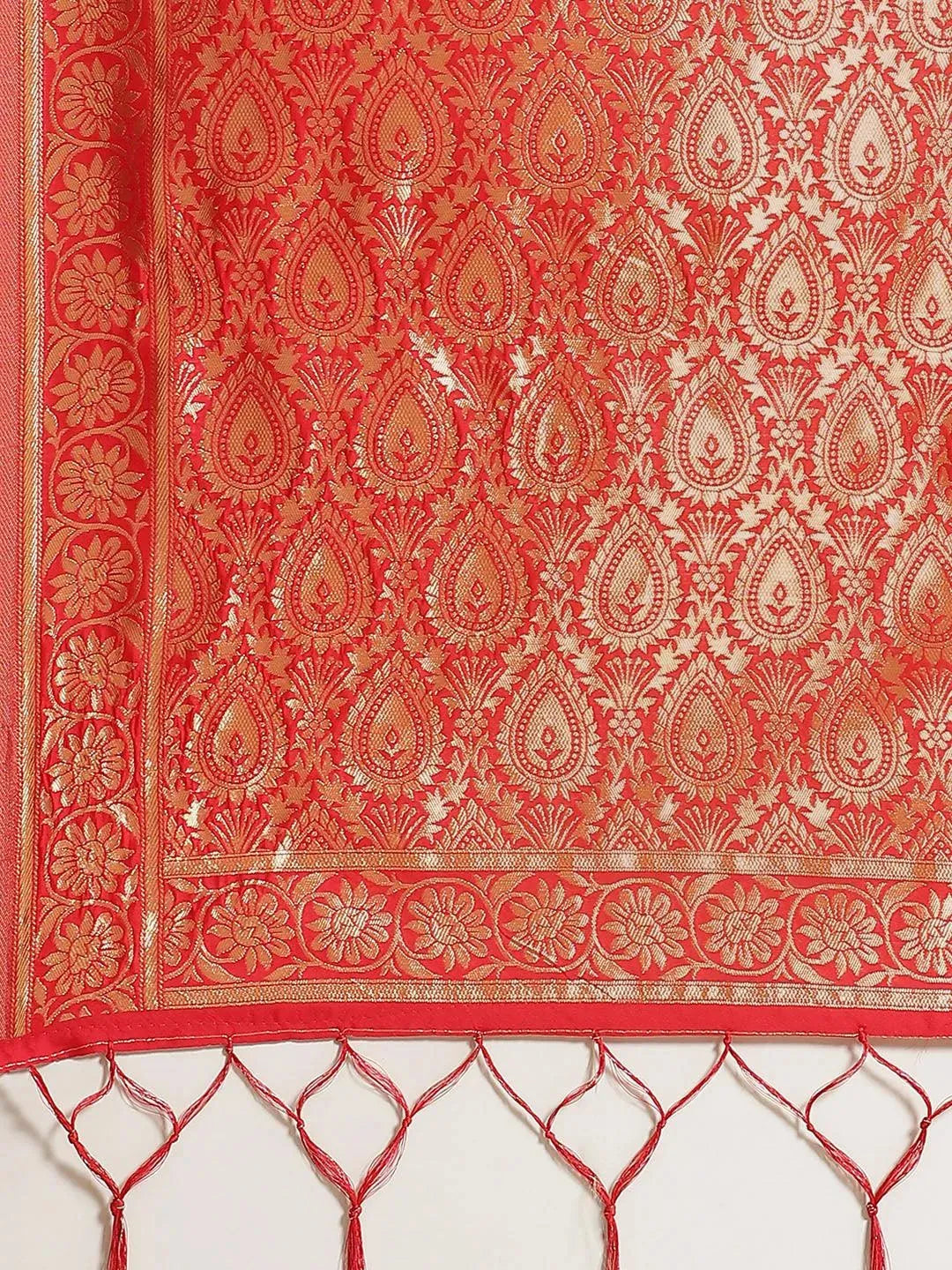 Red Woven Design Brocade Saree - Libas 