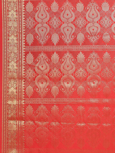 Red Woven Design Brocade Saree - Libas