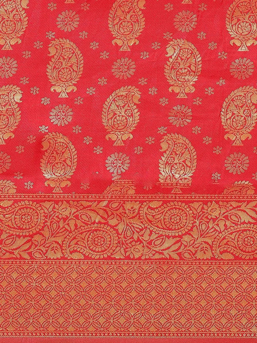 Red Woven Design Brocade Saree - Libas 