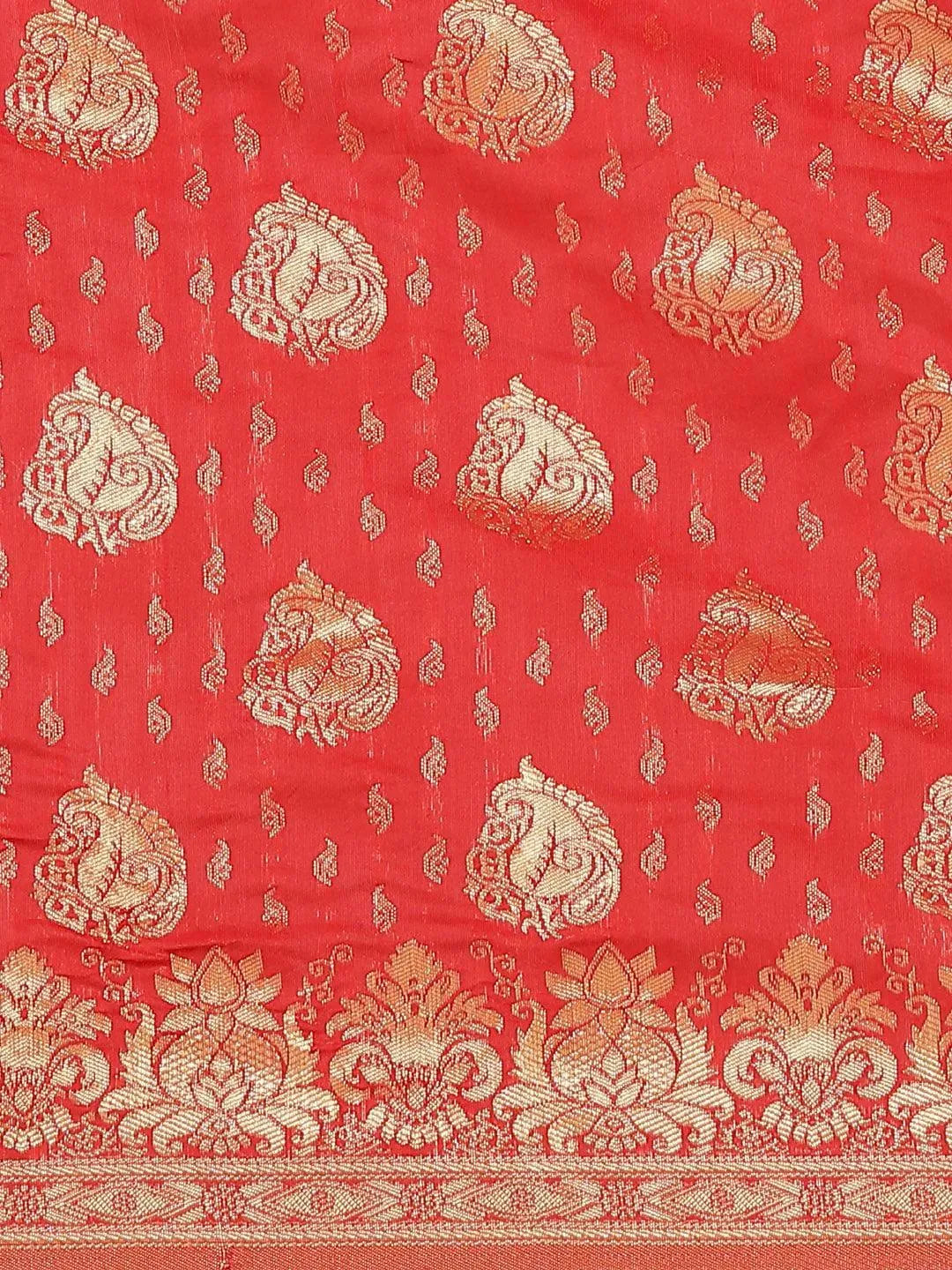 Red Woven Design Brocade Saree - Libas 