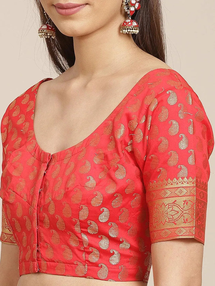 Red Woven Design Brocade Saree - Libas