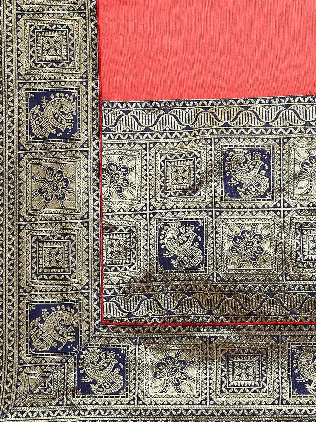 Red Woven Design Chiffon Saree - Libas 