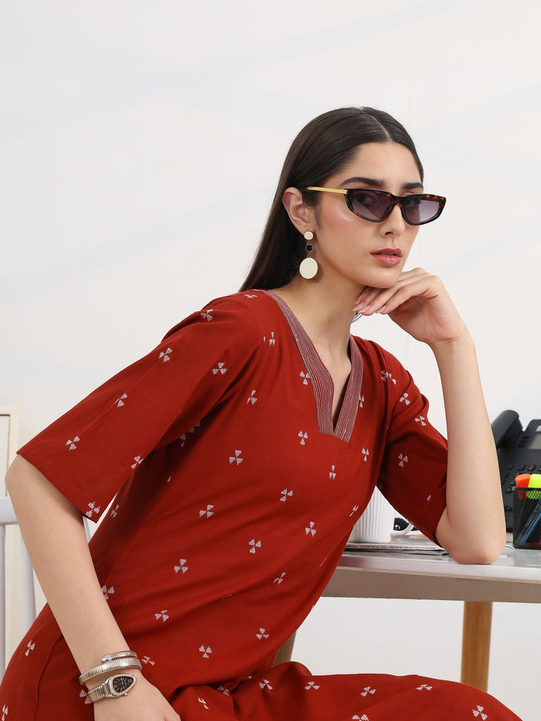Gerua Red Woven Design Cotton Blend A-Line Kurta Set