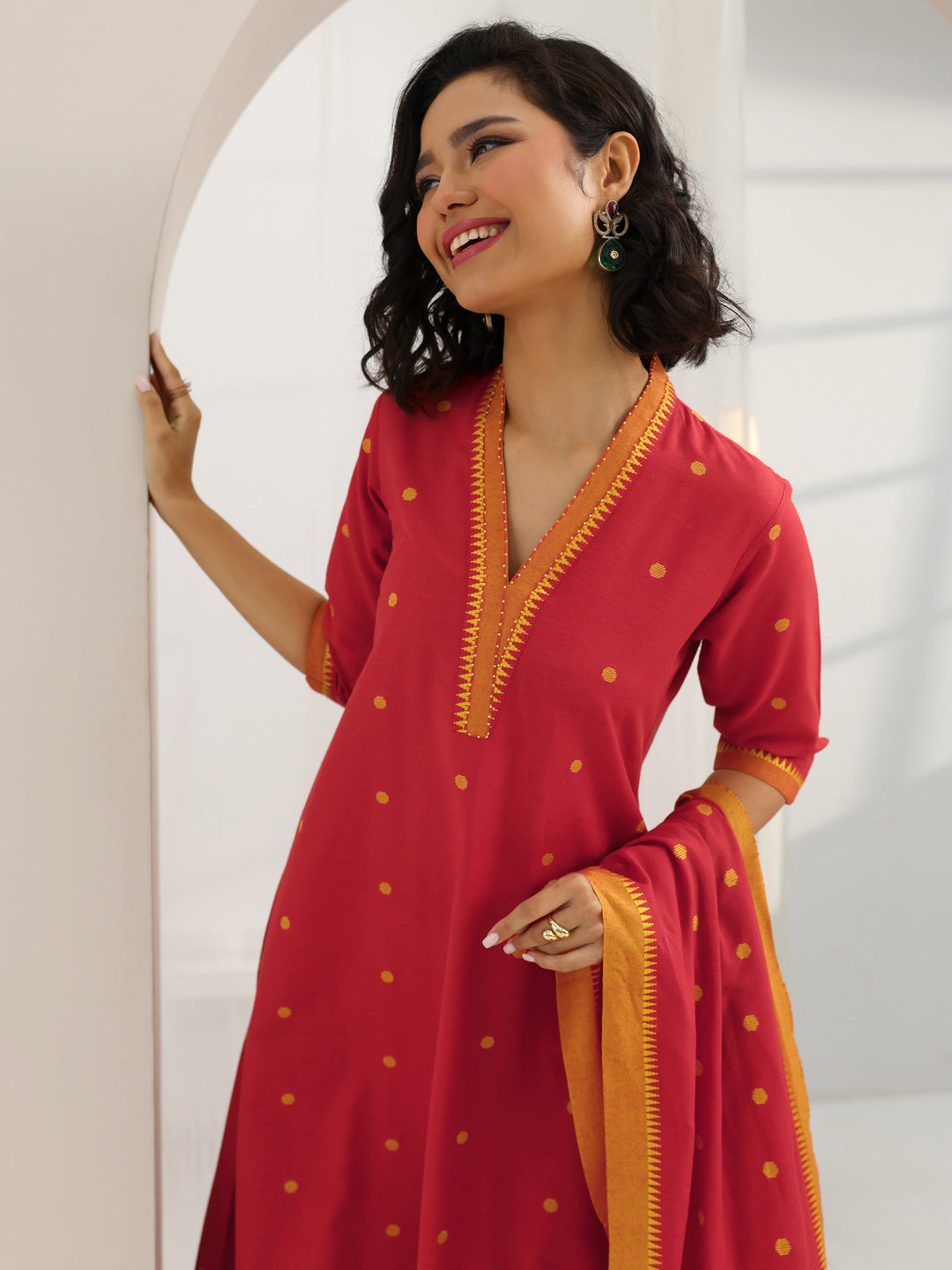  Red Woven Design Cotton Blend A-Line Suit Set With Dupatta 