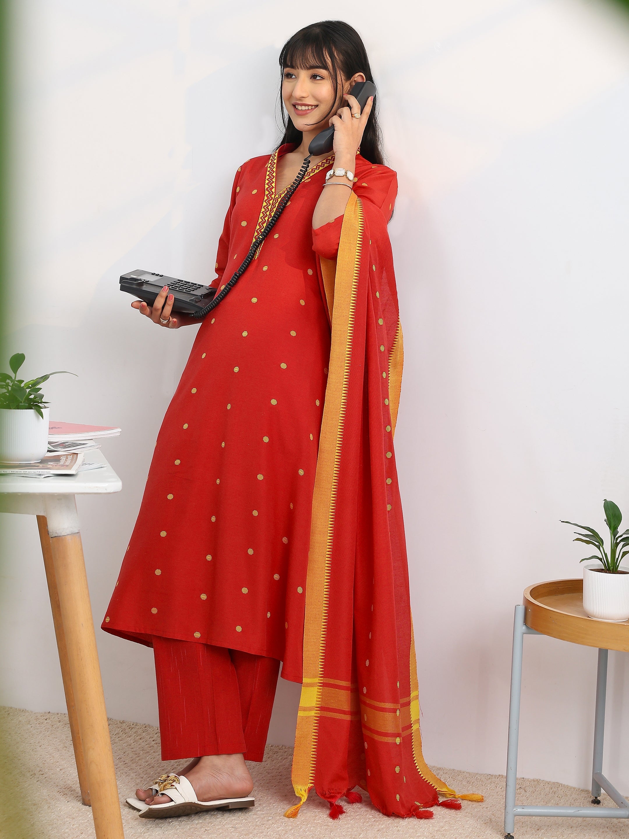 libas Red Woven Design Cotton Blend A-Line Suit Set With Dupatta-picture-22