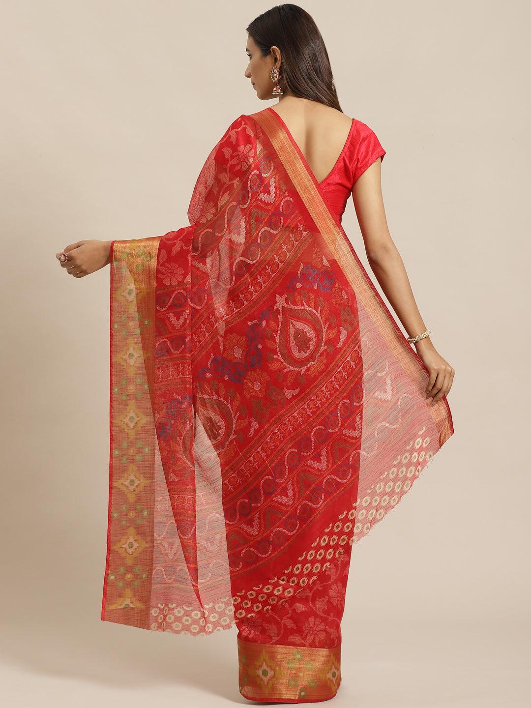 Red Woven Design Cotton Saree - Libas