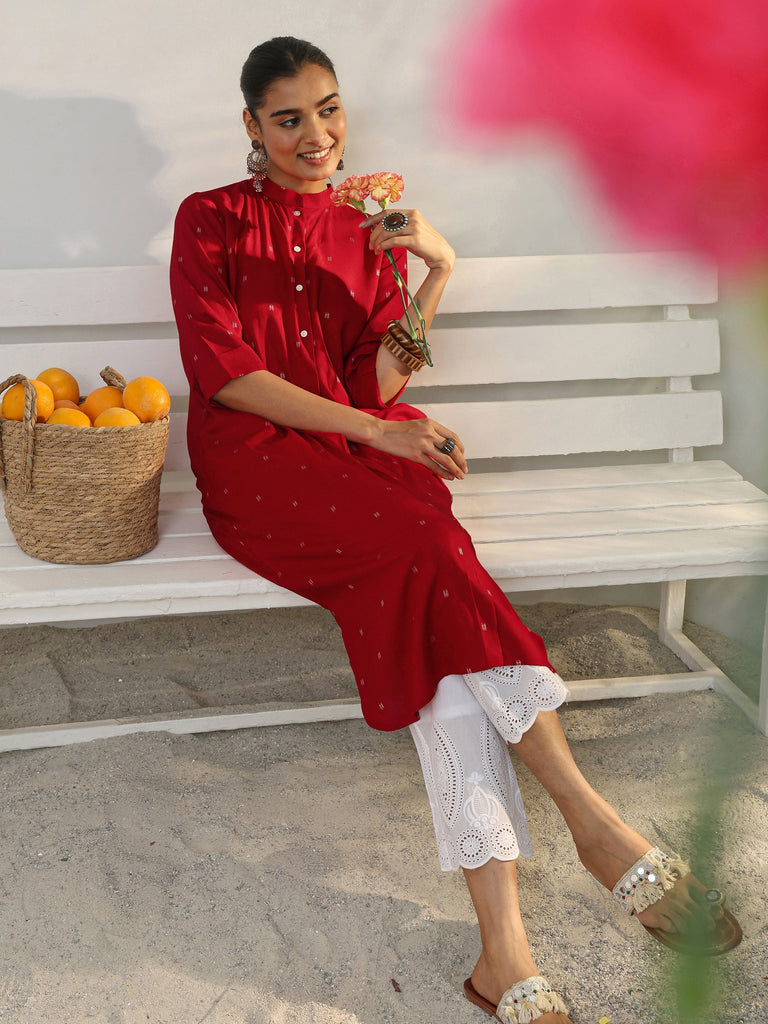 Libas Red Woven Design Rayon Straight Kurta
