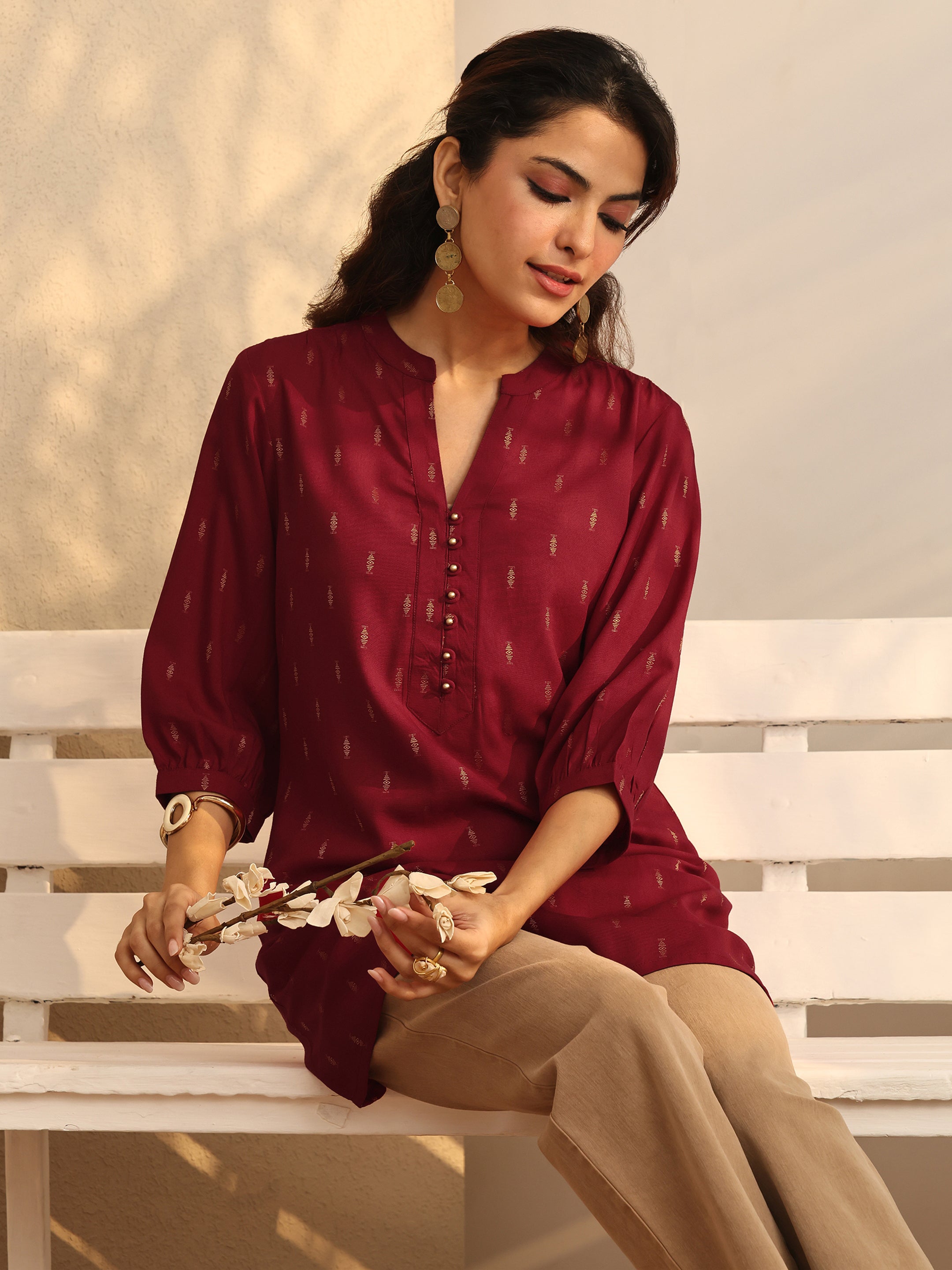 libas Red Woven Design Rayon Straight Short Kurti-picture-18