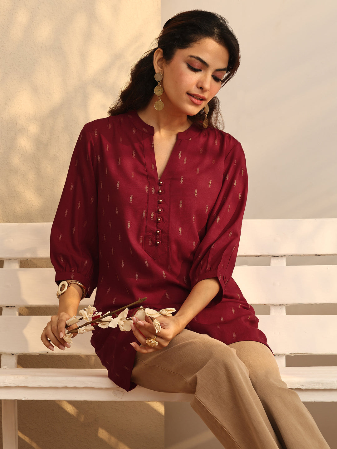 Red Woven Design Rayon Straight Short Kurti