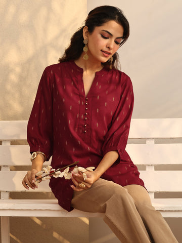 Libas Red Woven Design Rayon Straight Short Kurti