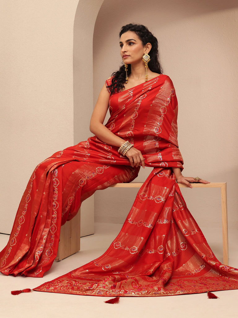 Libas Red Woven Design Silk Blend Banarasi Saree With Unstitched Blouse Piece