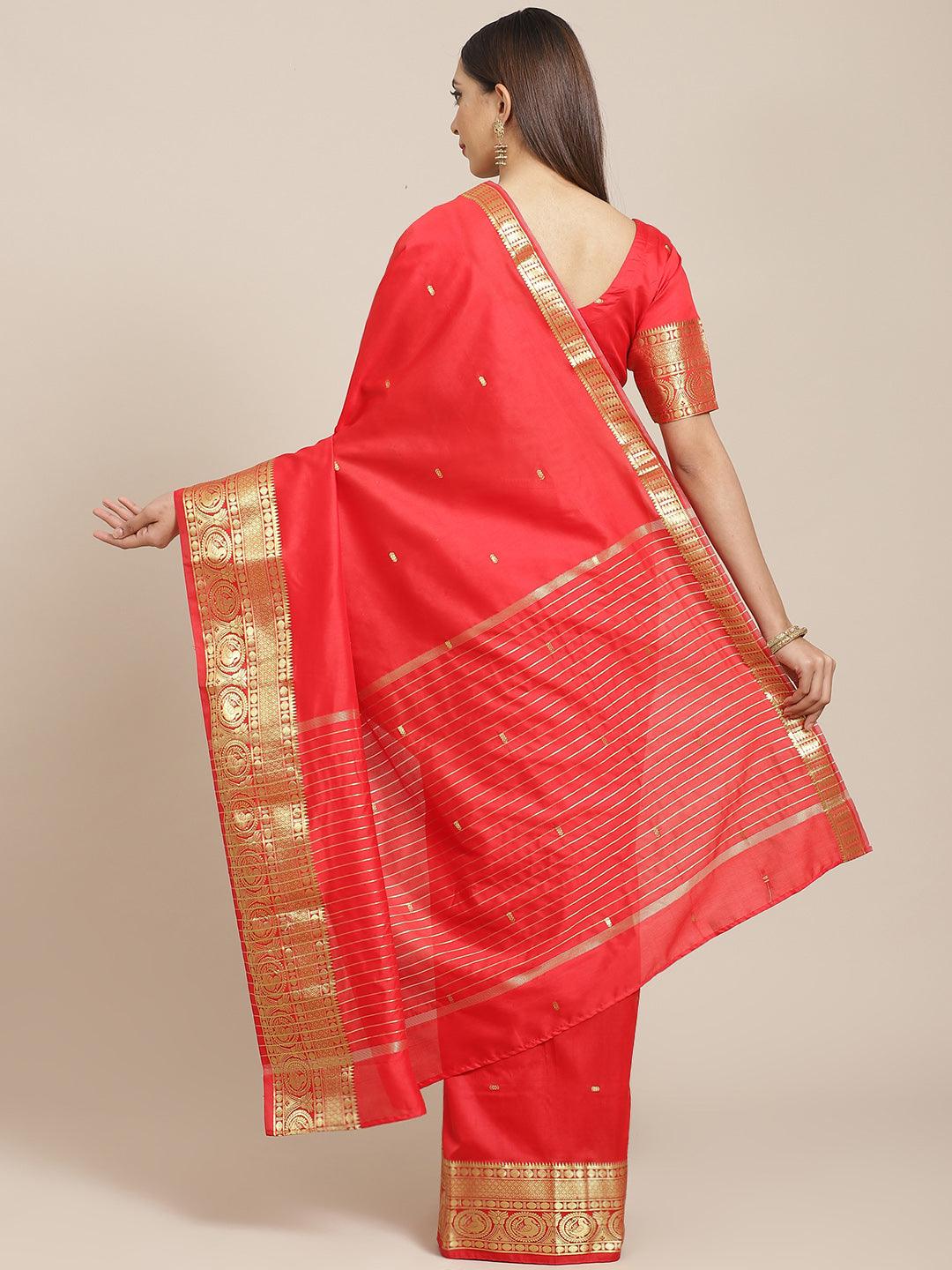 Red Woven Design Silk Blend Saree - Libas