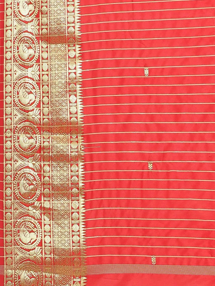 Red Woven Design Silk Blend Saree - Libas