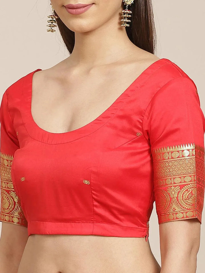 Red Woven Design Silk Blend Saree - Libas