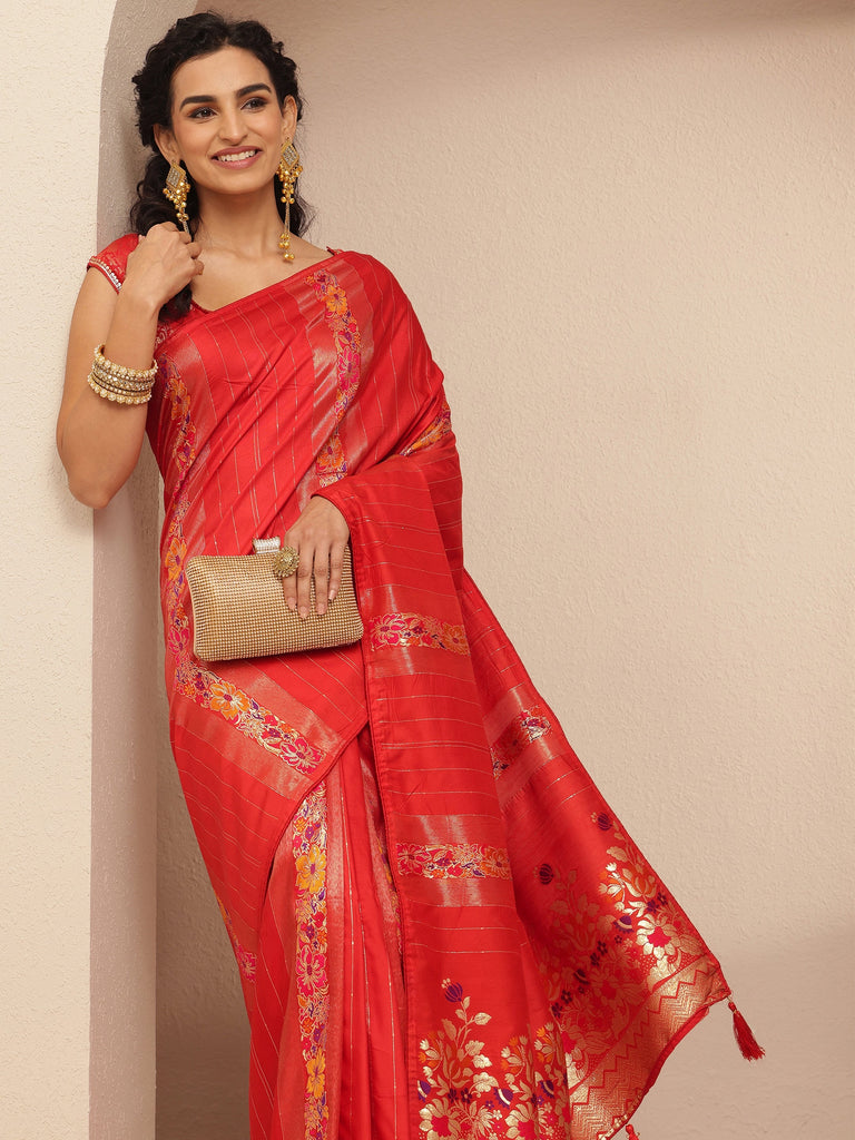 Libas Red Woven Design Silk Blend Saree With Unstitched Blouse Piece