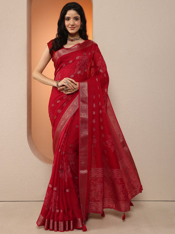 Red Woven Design Silk Blend Saree With Unstitched Blouse Piece