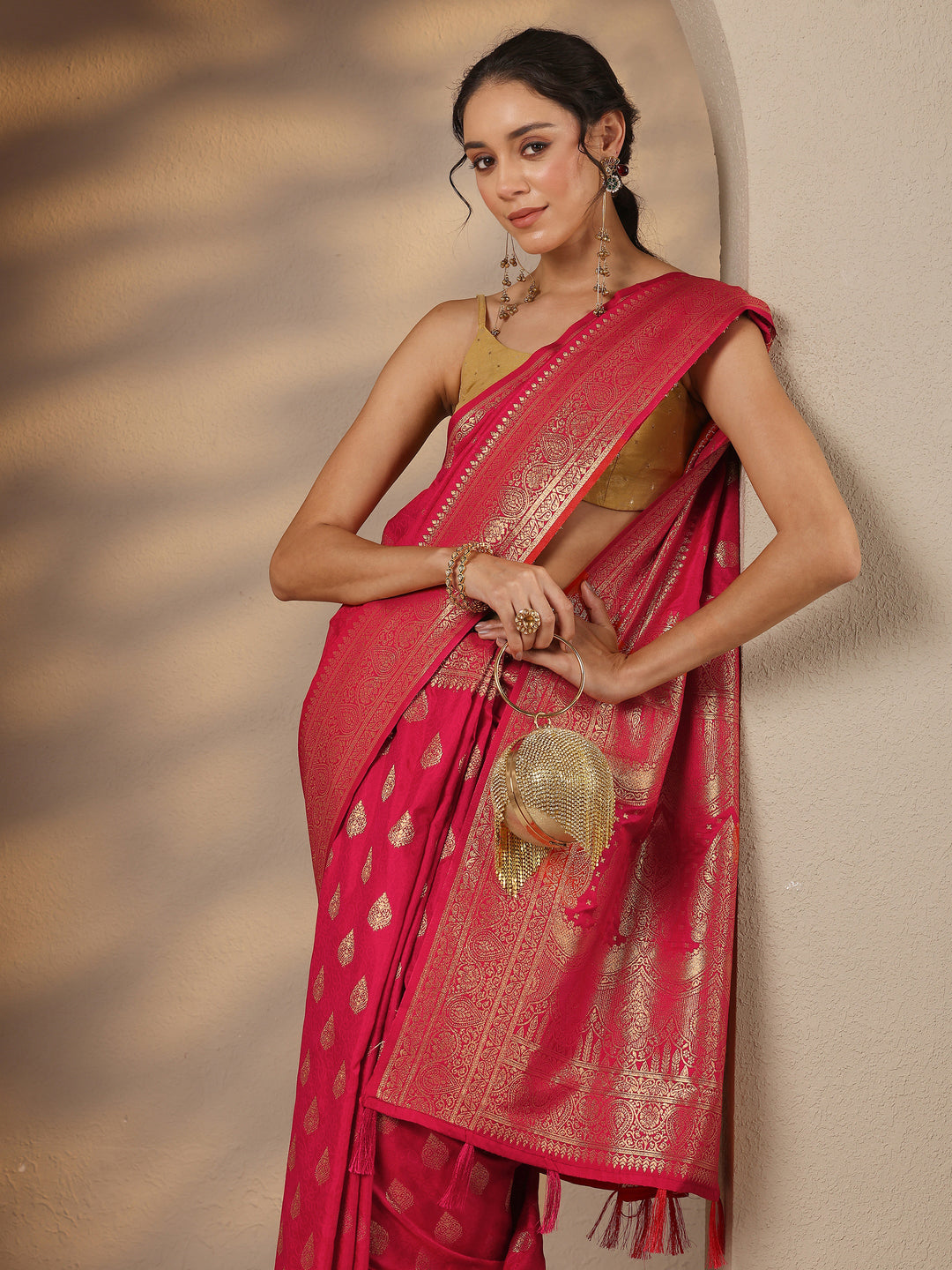  Red Woven Design Silk Blend Saree With Unstitched Blouse Piece 