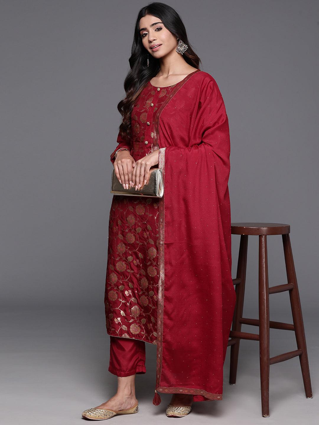 Red Woven Design Silk Blend Straight Suit With Dupatta