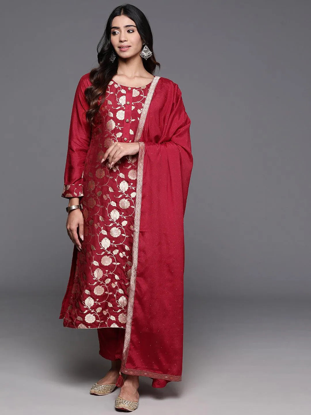 Red Woven Design Silk Blend Straight Kurta With Trousers & Dupatta - Libas 