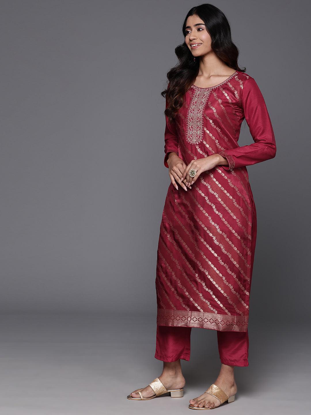 Red Woven Design Silk Blend Straight Kurta With Trousers & Dupatta - Libas