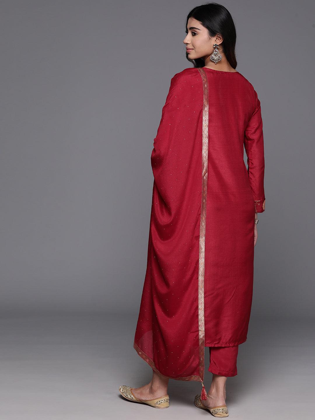 Red Woven Design Silk Blend Straight Kurta With Trousers & Dupatta - Libas