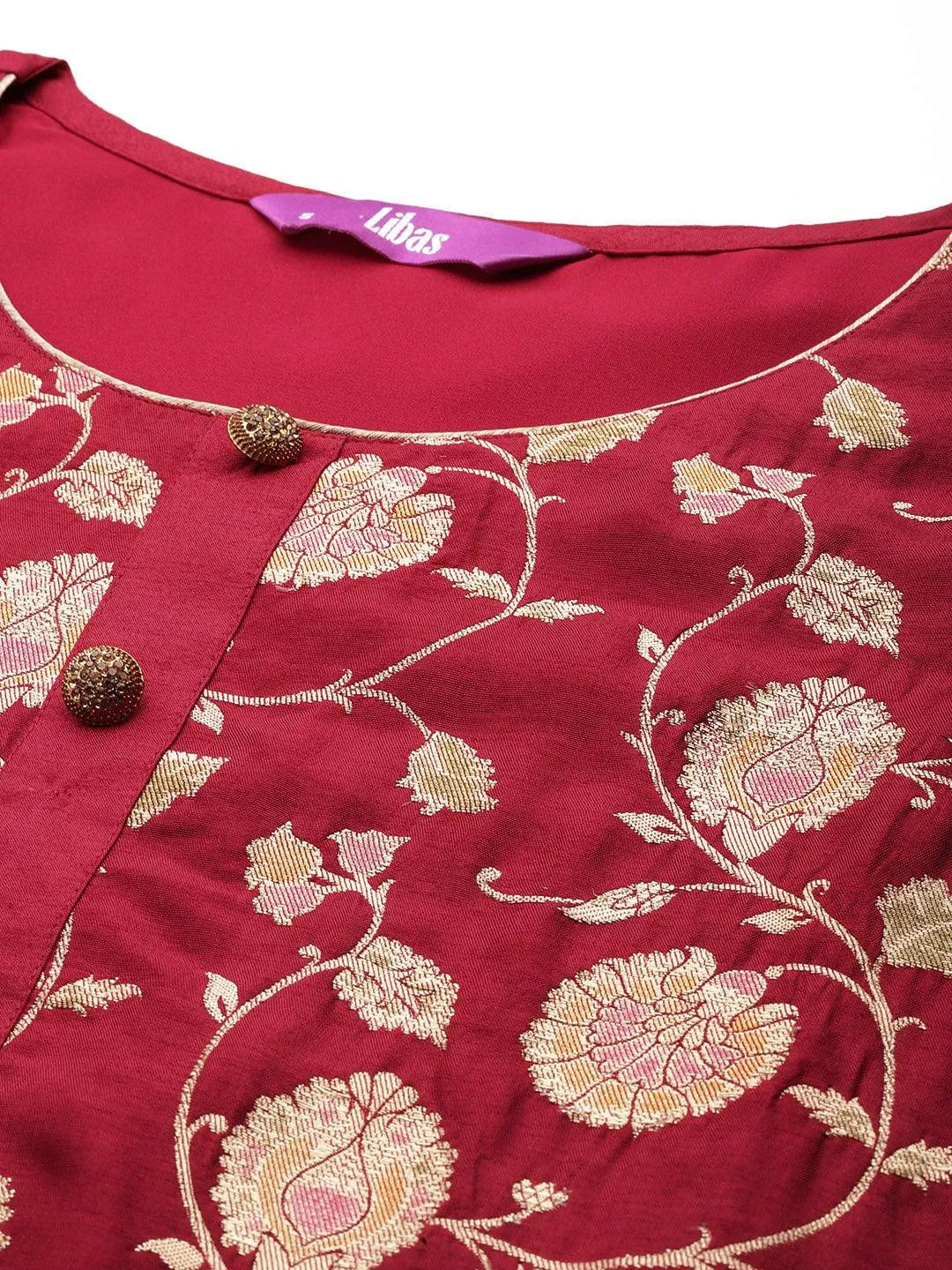 Red Woven Design Silk Blend Straight Kurta With Trousers & Dupatta - Libas 